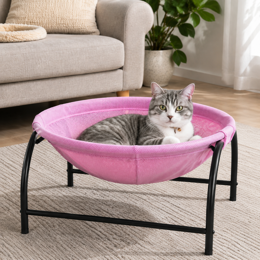 Pink Elevated Cat Hammock Bed - 45 x 42 x 23 cm Reinforced Iron Frame and Easily Removable Breathable Elastic Mesh, Stable Raised Cooling Lounger for Cats and Small Dogs All Season Use