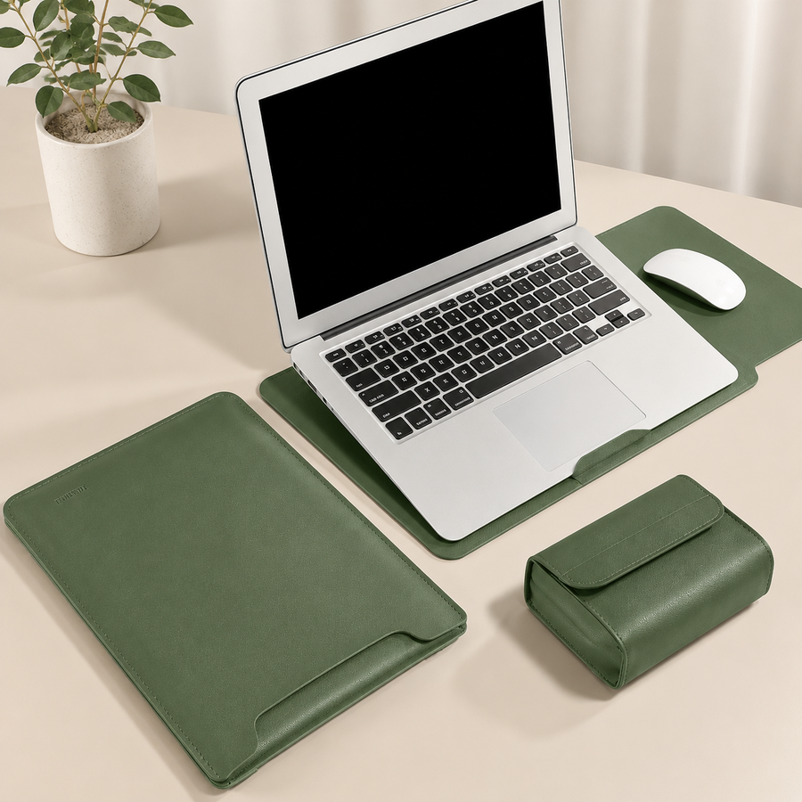 4 in 1 Green Soft PU Leather Laptop Sleeve with Stand, Mouse Pad and Power Pouch - Lightweight Portable Case for 11 Inch Laptops