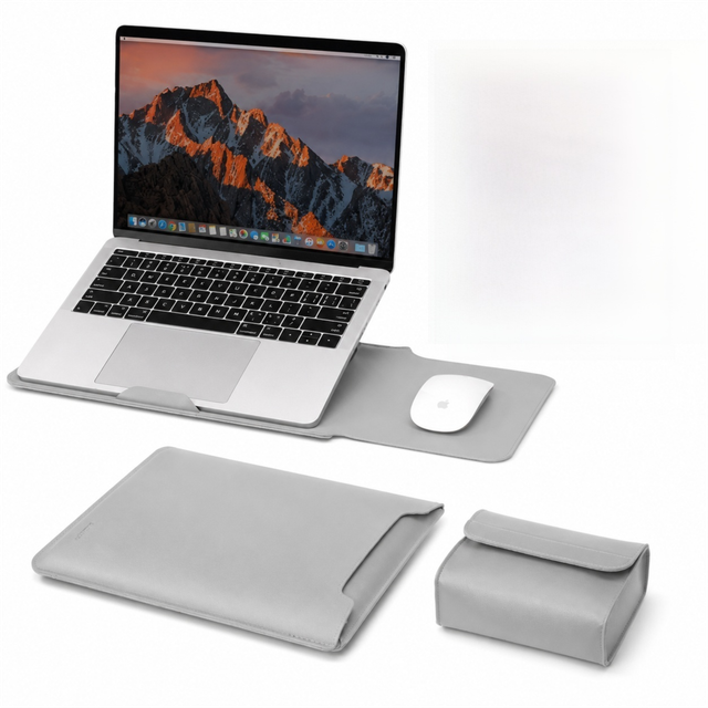 4 in 1 Grey Soft PU Leather Laptop Sleeve with Stand, Mouse Pad and Power Pouch - Lightweight Portable Case for 15/16 Inch Laptops