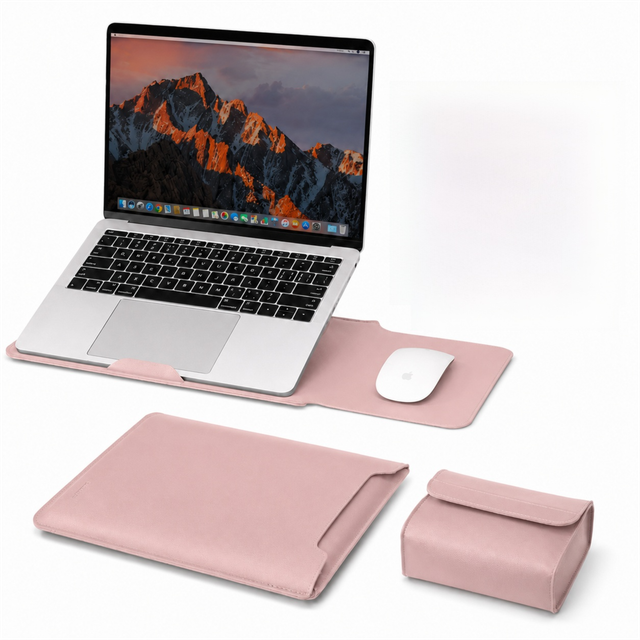 4 in 1 Pink Soft PU Leather Laptop Sleeve with Stand, Mouse Pad and Power Pouch - Lightweight Portable Case for 11 Inch Laptops