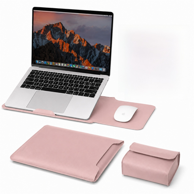 4 in 1 Pink Soft PU Leather Laptop Sleeve with Stand, Mouse Pad and Power Pouch - Lightweight Portable Case for 12/13.3 Inch Laptops