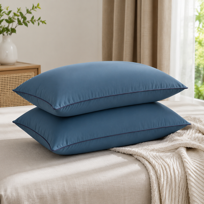2 Pack Navy Blue Medium Bed Pillows with Washable Zip Cover Set (48 x 74 cm) - Soft Brushed  Fabric, Plush Fibre Fill, Fast Rebound Support & Structured Piped Edges for Home Hotels Apartments