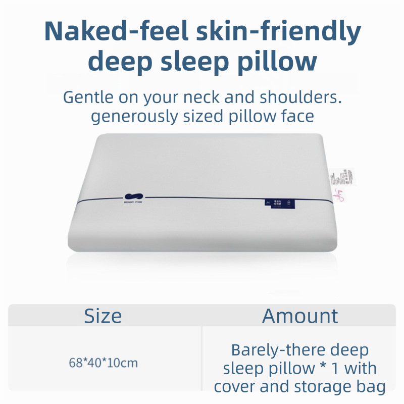 Grey Deep Sleep Slow Rebound Memory Foam Pillow with Washable Cover and Storage Bag - Broad Surface and All-Around Neck Support, 68 x 40 x 10 cm for Back and Side Sleepers