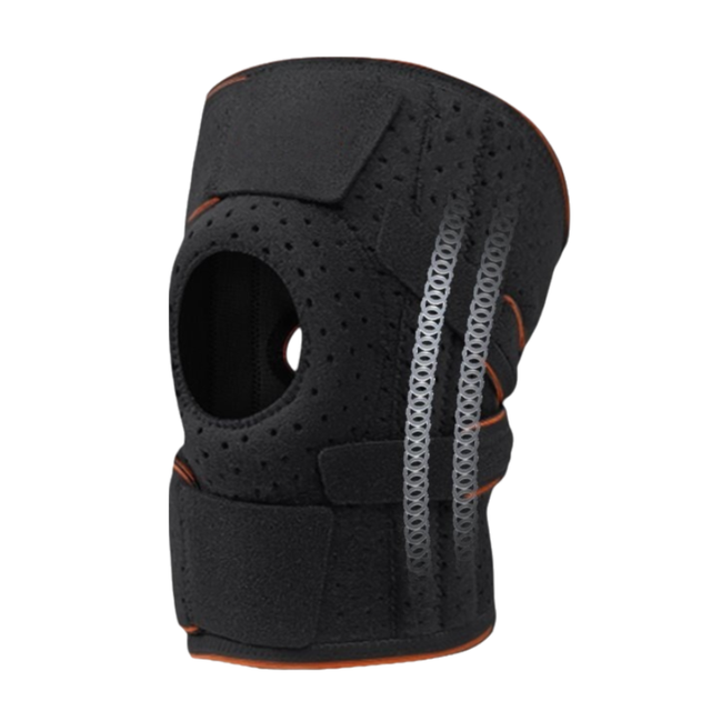 Black Sports Knee Brace 1 Pair - Adjustable Open Patella Support with 4 Spring Stabilisers, Compression Straps, Breathable Moisture-wicking Lining and Non Slip Design for Running, Gym and Cycling