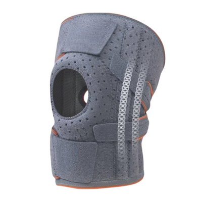 Grey Sports Knee Brace 1 Pair - Adjustable Open Patella Support with 4 Spring Stabilisers, Compression Straps, Breathable Moisture-wicking Lining and Non Slip Design for Running, Gym and Cycling