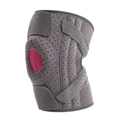 Grey and Rose Red Breathable Sports Knee Brace 1 Pair - Adjustable Open Patella Support with 4 Spring Stabilisers, Compression Straps, Moisture-wicking Lining and Non Slip Design for Running Gym Cycling