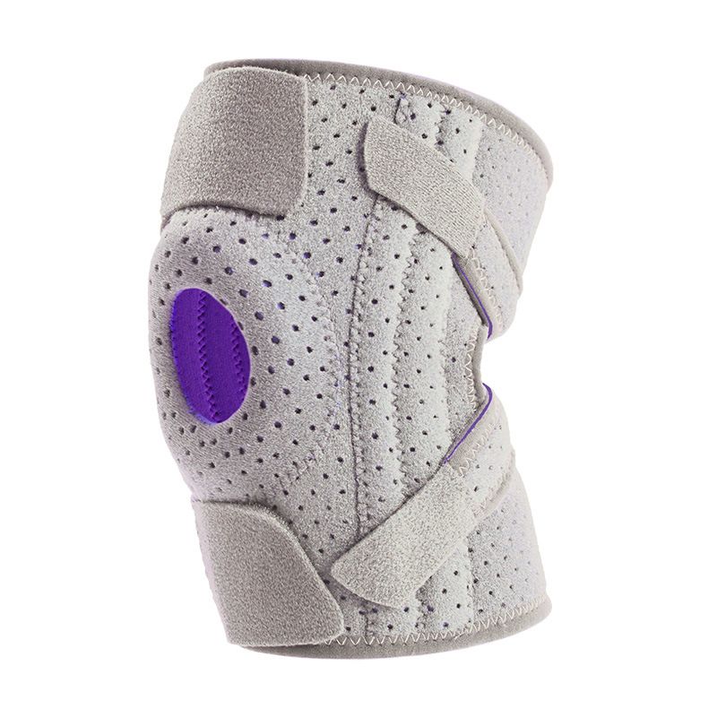 Grey and Purple Breathable Sports Knee Brace 1 Pair - Adjustable Open Patella Support with 4 Spring Stabilisers, Compression Straps, Moisture-wicking Lining and Non Slip Design for Running Gym Cycling