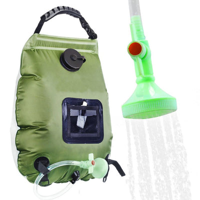 20L / 5 Gallon Solar Heated Camping Shower Bag (Dark Green / Mesh Storage Pocket) - Foldable Outdoor Hanging Shower with Thermometer, Rotating Shower Head and Hose Clip for Hiking and Travel