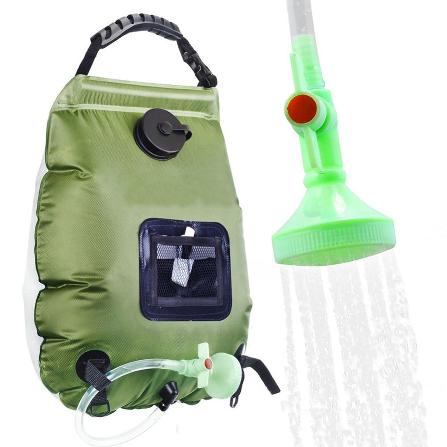 20L / 5 Gallon Solar Heated Camping Shower Bag (Dark Green / Mesh Storage Pocket) - Foldable Outdoor Hanging Shower with Thermometer, Rotating Shower Head and Hose Clip for Hiking and Travel