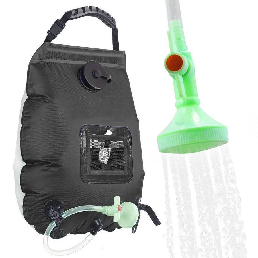 20L / 5 Gallon Solar Heated Camping Shower Bag (Black / Mesh Storage Pocket) - Foldable Outdoor Hanging Shower with Thermometer, Rotating Shower Head and Hose Clip for Hiking and Travel