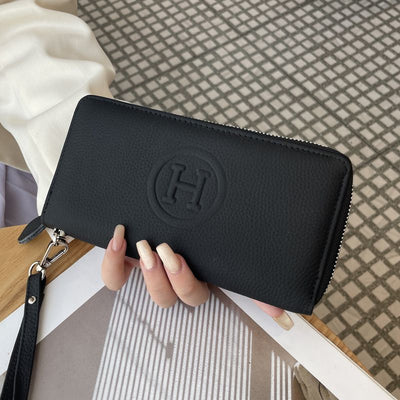 Black Women's Genuine Leather Long Wallet - Zip Closure Clutch Purse with Multi Compartment Card, Cash and Phone Storage for Everyday Use and Travel