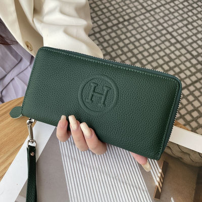 Green Women's Genuine Leather Long Wallet - Zip Closure Clutch Purse with Multi Compartment Card, Cash and Phone Storage for Everyday Use and Travel