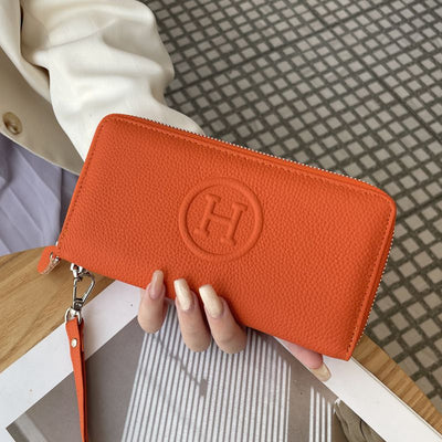 Orange Women's Genuine Leather Long Wallet - Zip Closure Clutch Purse with Multi Compartment Card, Cash and Phone Storage for Everyday Use and Travel
