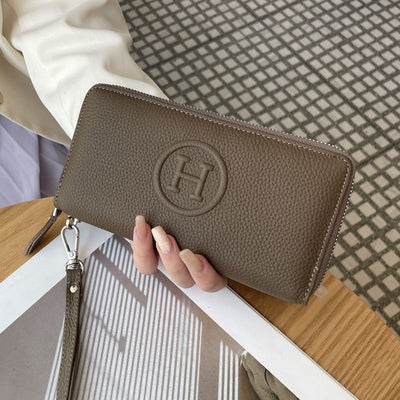 Khaki Women's Genuine Leather Long Wallet - Zip Closure Clutch Purse with Multi Compartment Card, Cash and Phone Storage for Everyday Use and Travel