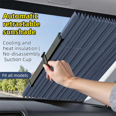 Retractable Car Windscreen Sun Shade with Suction Cup  - Auto Roll Up Heat Reflective Aluminium Film Curtain, Cut to Fit for Universal Vehicles 46 x 130 / 150 cm