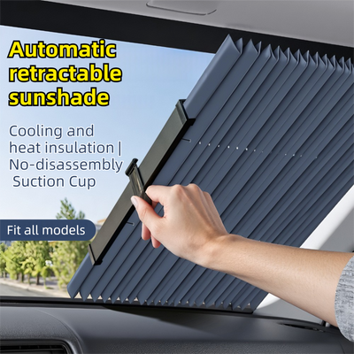 Retractable Car Windscreen Sun Shade with Suction Cup  - Auto Roll Up Heat Reflective Aluminium Film Curtain, Cut to Fit for Universal Vehicles 70 x 130 / 150 cm