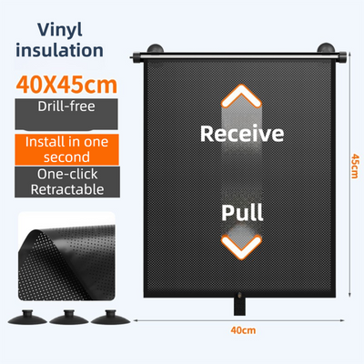 1 Pair Retractable Car Side Window Sun Shade (40 x 45CM) - 6 Layer Vinyl Insulation Reflective Roller Blinds, One Click Auto Rewind, One-Way Privacy, Universal Suction Cup & Velcro Fit