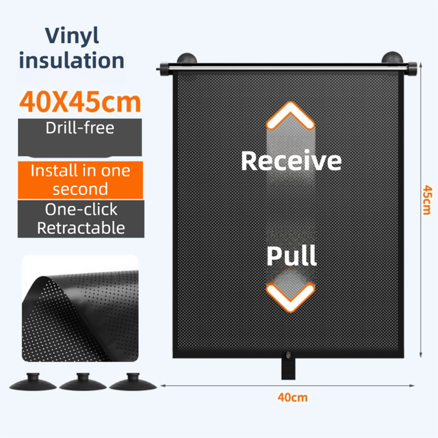 1 Pair Retractable Car Side Window Sun Shade (40 x 45CM) - 6 Layer Vinyl Insulation Reflective Roller Blinds, One Click Auto Rewind, One-Way Privacy, Universal Suction Cup & Velcro Fit