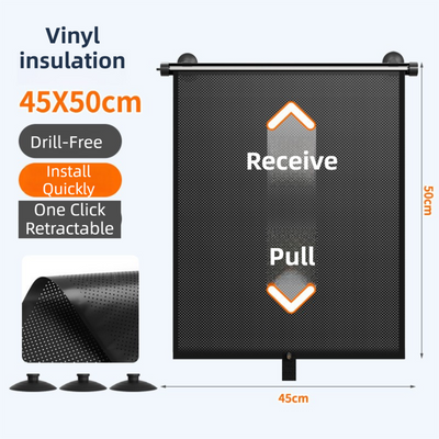1 Pair Retractable Car Side Window Sun Shade (45 x 50CM) - 6 Layer Vinyl Insulation Reflective Roller Blinds, One Click Auto Rewind, One-Way Privacy, Universal Suction Cup & Velcro Fit