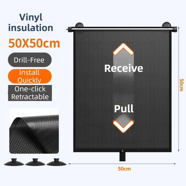 1 Pair Retractable Car Side Window Sun Shade (50 x 50CM) - 6 Layer Vinyl Insulation Reflective Roller Blinds, One Click Auto Rewind, One-Way Privacy, Universal Suction Cup & Velcro Fit