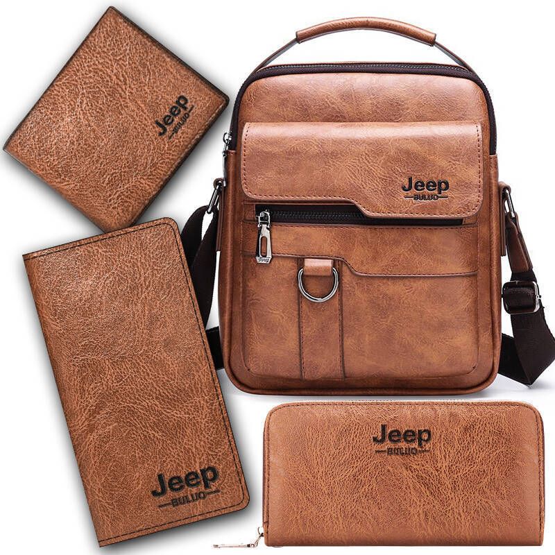 4PCS Khaki Retro Business Casual Bag Set with Soft PU Leather Messenger Bag, Handbag, Long & Short Wallet - Large Capacity Multi Compartments and Structured Shape for 8" Ipad Phone Umbrella Cup