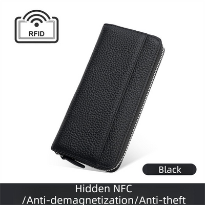 Black Genuine Leather Women's Long Wallet with RFID Blocking & Hidden NFC  - Large Capacity Phone Purse with 180° Zipper Closure, 18 Card Slots, Coin/Cash Pockets and for Daily Travel Use