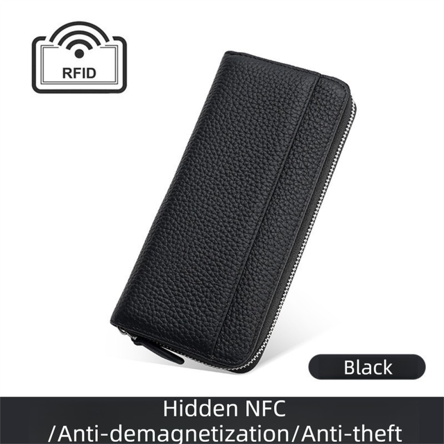 Black Genuine Leather Women's Long Wallet with RFID Blocking & Hidden NFC  - Large Capacity Phone Purse with 180° Zipper Closure, 18 Card Slots, Coin/Cash Pockets and for Daily Travel Use