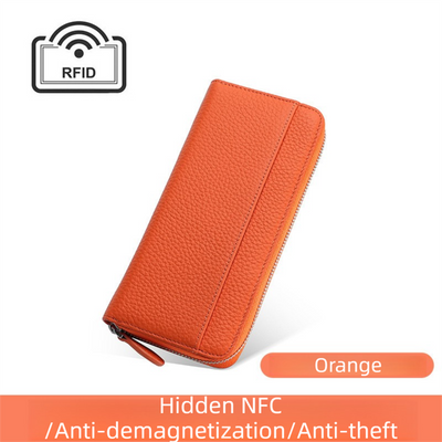 Orange Genuine Leather Women's Long Wallet with RFID Blocking & Hidden NFC  - Large Capacity Phone Purse with 180° Zipper Closure, 18 Card Slots, Coin/Cash Pockets and for Daily Travel Use