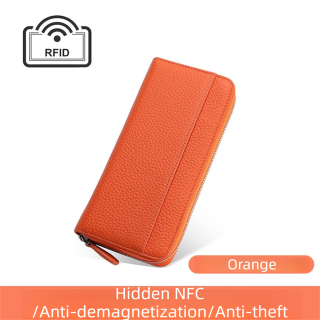 Orange Genuine Leather Women's Long Wallet with RFID Blocking & Hidden NFC  - Large Capacity Phone Purse with 180° Zipper Closure, 18 Card Slots, Coin/Cash Pockets and for Daily Travel Use