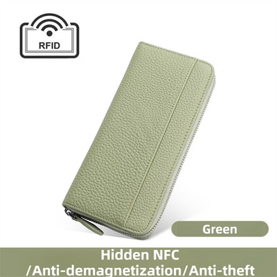 Green Genuine Leather Women's Long Wallet with RFID Blocking & Hidden NFC  - Large Capacity Phone Purse with 180° Zipper Closure, 18 Card Slots, Coin/Cash Pockets and for Daily Travel Use