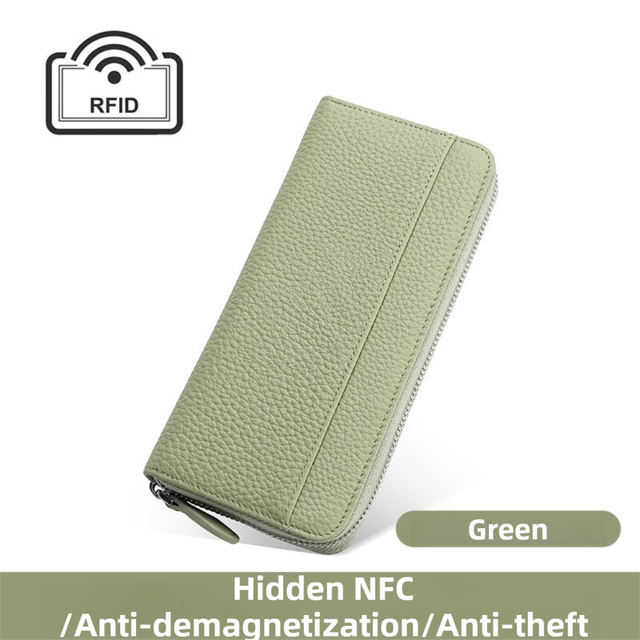 Green Genuine Leather Women's Long Wallet with RFID Blocking & Hidden NFC  - Large Capacity Phone Purse with 180° Zipper Closure, 18 Card Slots, Coin/Cash Pockets and for Daily Travel Use