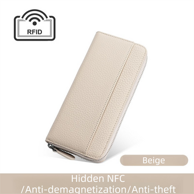 Beige Genuine Leather Women's Long Wallet with RFID Blocking & Hidden NFC  - Large Capacity Phone Purse with 180° Zipper Closure, 18 Card Slots, Coin/Cash Pockets and for Daily Travel Use