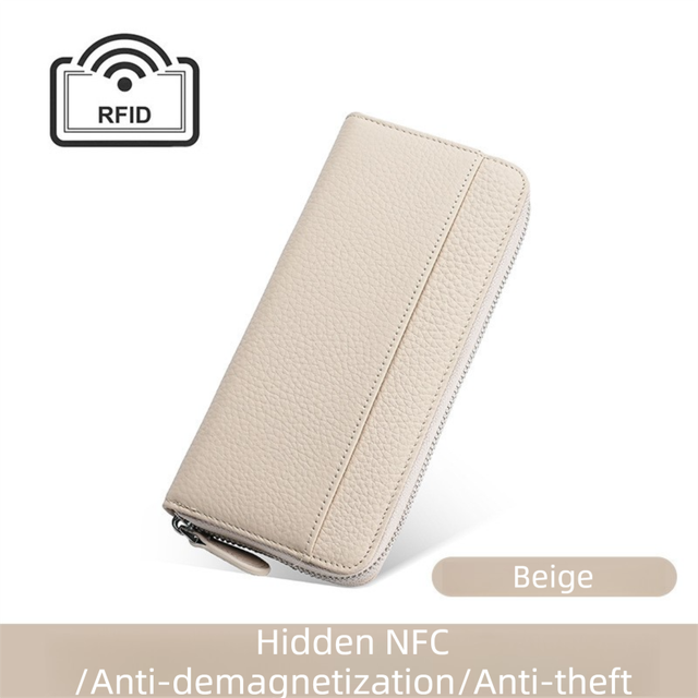 Beige Genuine Leather Women's Long Wallet with RFID Blocking & Hidden NFC  - Large Capacity Phone Purse with 180° Zipper Closure, 18 Card Slots, Coin/Cash Pockets and for Daily Travel Use