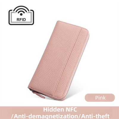 Pink Genuine Leather Women's Long Wallet with RFID Blocking & Hidden NFC  - Large Capacity Phone Purse with 180° Zipper Closure, 18 Card Slots, Coin/Cash Pockets and for Daily Travel Use