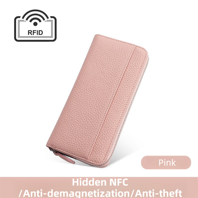 Pink Genuine Leather Women's Long Wallet with RFID Blocking & Hidden NFC  - Large Capacity Phone Purse with 180° Zipper Closure, 18 Card Slots, Coin/Cash Pockets and for Daily Travel Use