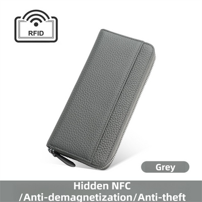 Grey Genuine Leather Women's Long Wallet with RFID Blocking & Hidden NFC  - Large Capacity Phone Purse with 180° Zipper Closure, 18 Card Slots, Coin/Cash Pockets and for Daily Travel Use