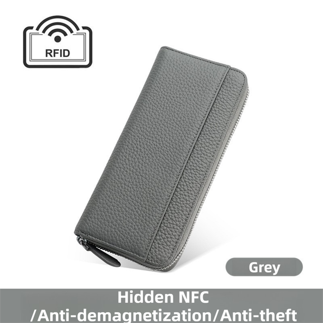 Grey Genuine Leather Women's Long Wallet with RFID Blocking & Hidden NFC  - Large Capacity Phone Purse with 180° Zipper Closure, 18 Card Slots, Coin/Cash Pockets and for Daily Travel Use