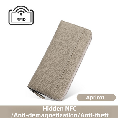 Apricot Genuine Leather Women's Long Wallet with RFID Blocking & Hidden NFC  - Large Capacity Phone Purse with 180° Zipper Closure, 18 Card Slots, Coin/Cash Pockets and for Daily Travel Use