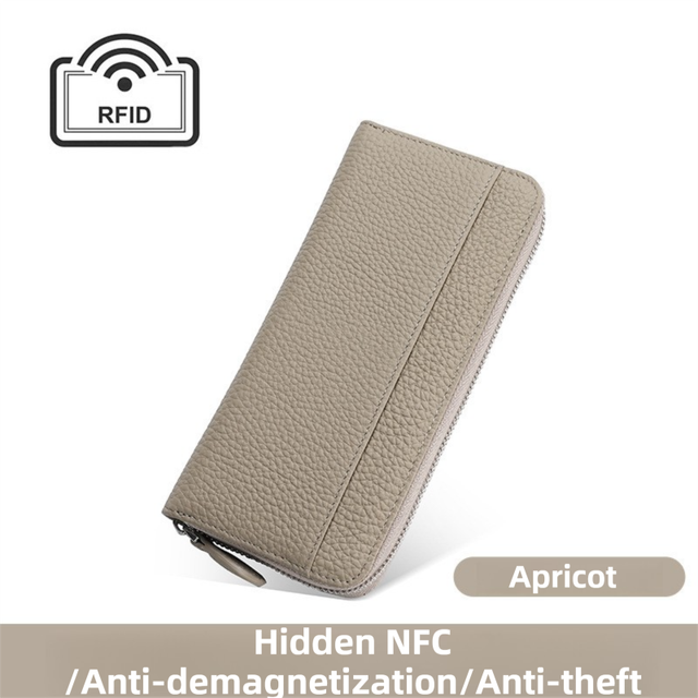 Apricot Genuine Leather Women's Long Wallet with RFID Blocking & Hidden NFC  - Large Capacity Phone Purse with 180° Zipper Closure, 18 Card Slots, Coin/Cash Pockets and for Daily Travel Use
