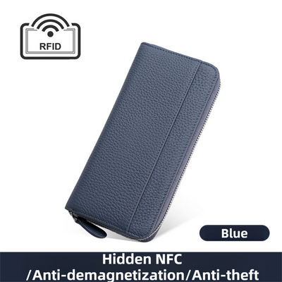 Blue Genuine Leather Women's Long Wallet with RFID Blocking & Hidden NFC  - Large Capacity Phone Purse with 180° Zipper Closure, 18 Card Slots, Coin/Cash Pockets and for Daily Travel Use