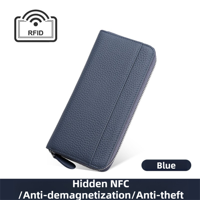 Blue Genuine Leather Women's Long Wallet with RFID Blocking & Hidden NFC  - Large Capacity Phone Purse with 180° Zipper Closure, 18 Card Slots, Coin/Cash Pockets and for Daily Travel Use