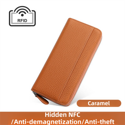Caramel Genuine Leather Women's Long Wallet with RFID Blocking & Hidden NFC  - Large Capacity Phone Purse with 180° Zipper Closure, 18 Card Slots, Coin/Cash Pockets and for Daily Travel Use