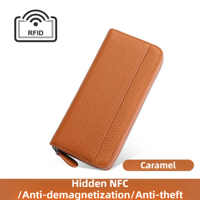 Caramel Genuine Leather Women's Long Wallet with RFID Blocking & Hidden NFC  - Large Capacity Phone Purse with 180° Zipper Closure, 18 Card Slots, Coin/Cash Pockets and for Daily Travel Use