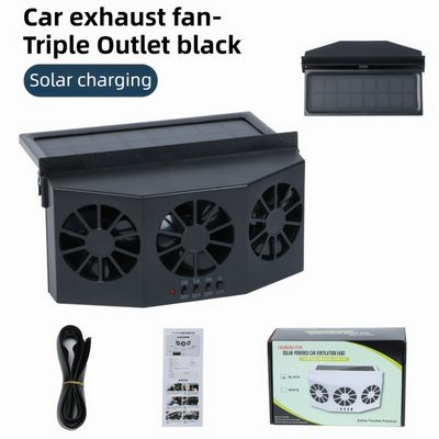 Black Solar Rechargable Triple Outlet Car Window Ventilation and Exhaust Fan - 4500 RPM Air Circulation and Foldable Space Saving, Remove Heat Odors Smoke and Stale Air for Most Vehicles without Anti-Pinch Feature