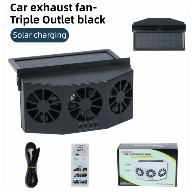 Black Solar Rechargable Triple Outlet Car Window Ventilation and Exhaust Fan - 4500 RPM Air Circulation and Foldable Space Saving, Remove Heat Odors Smoke and Stale Air for Most Vehicles without Anti-Pinch Feature