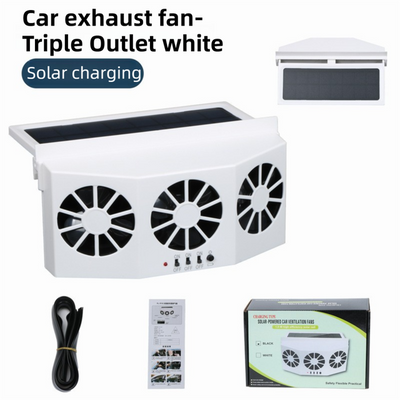 White Solar Rechargable Triple Outlet Car Window Ventilation and Exhaust Fan - 4500 RPM Air Circulation and Foldable Space Saving, Remove Heat Odors Smoke and Stale Air for Most Vehicles without Anti-Pinch Feature