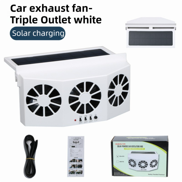 White Solar Rechargable Triple Outlet Car Window Ventilation and Exhaust Fan - 4500 RPM Air Circulation and Foldable Space Saving, Remove Heat Odors Smoke and Stale Air for Most Vehicles without Anti-Pinch Feature