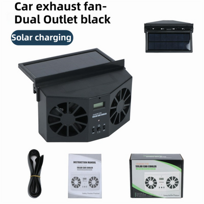 Black Solar Rechargable Dual Outlet Car Window Ventilation and Exhaust Fan - 4500 RPM Air Circulation and Foldable Space Saving, Remove Heat Odors Smoke and Stale Air for Most Vehicles without Anti-Pinch Feature
