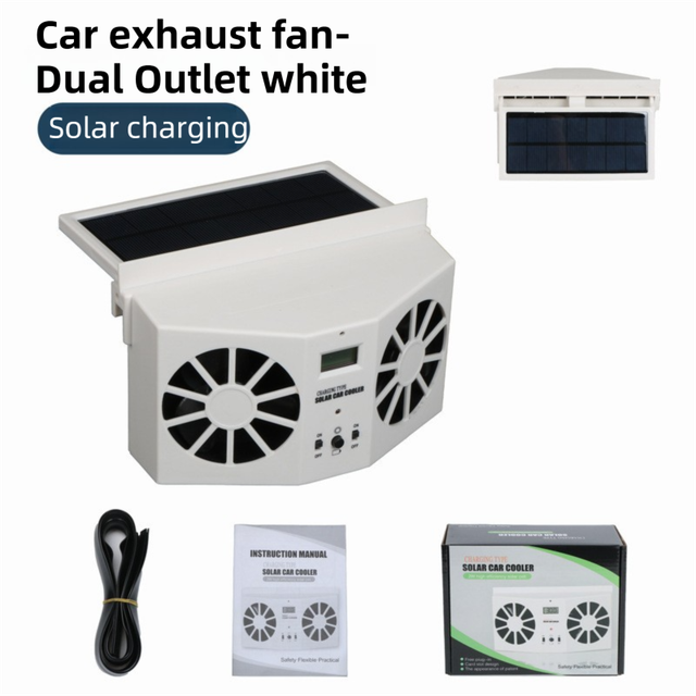 White Solar Rechargable Dual Outlet Car Window Ventilation and Exhaust Fan - 4500 RPM Air Circulation and Foldable Space Saving, Remove Heat Odors Smoke and Stale Air for Most Vehicles without Anti-Pinch Feature