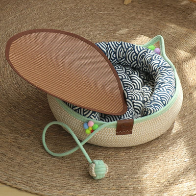 M Size Handwoven Natural Rattan Cat Bed and Scratcher - Washable Low-Mess Round Nest with Blue Removable Cushion, Pillow, Cooling Mat and Toy Ball for All-Season Indoor Rest